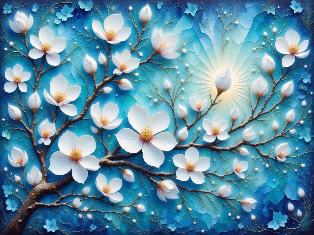 Enchanted Crystal Dogwood in Dreamlike Gouache