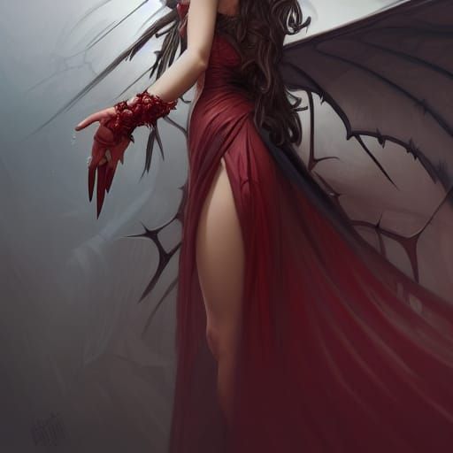 Winged Vampire in Red Lace, Detailed Portrait