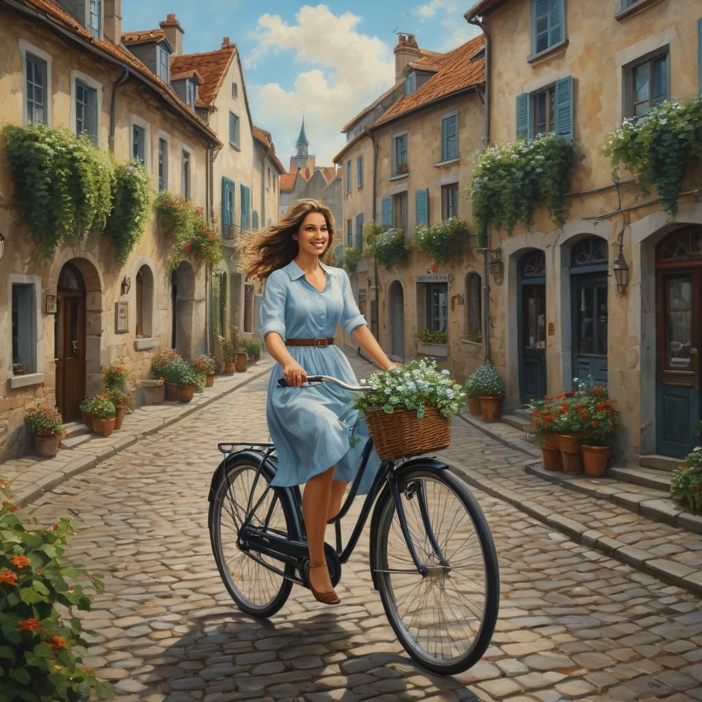 Woman on Bicycle in Quaint Town: Oil Painting