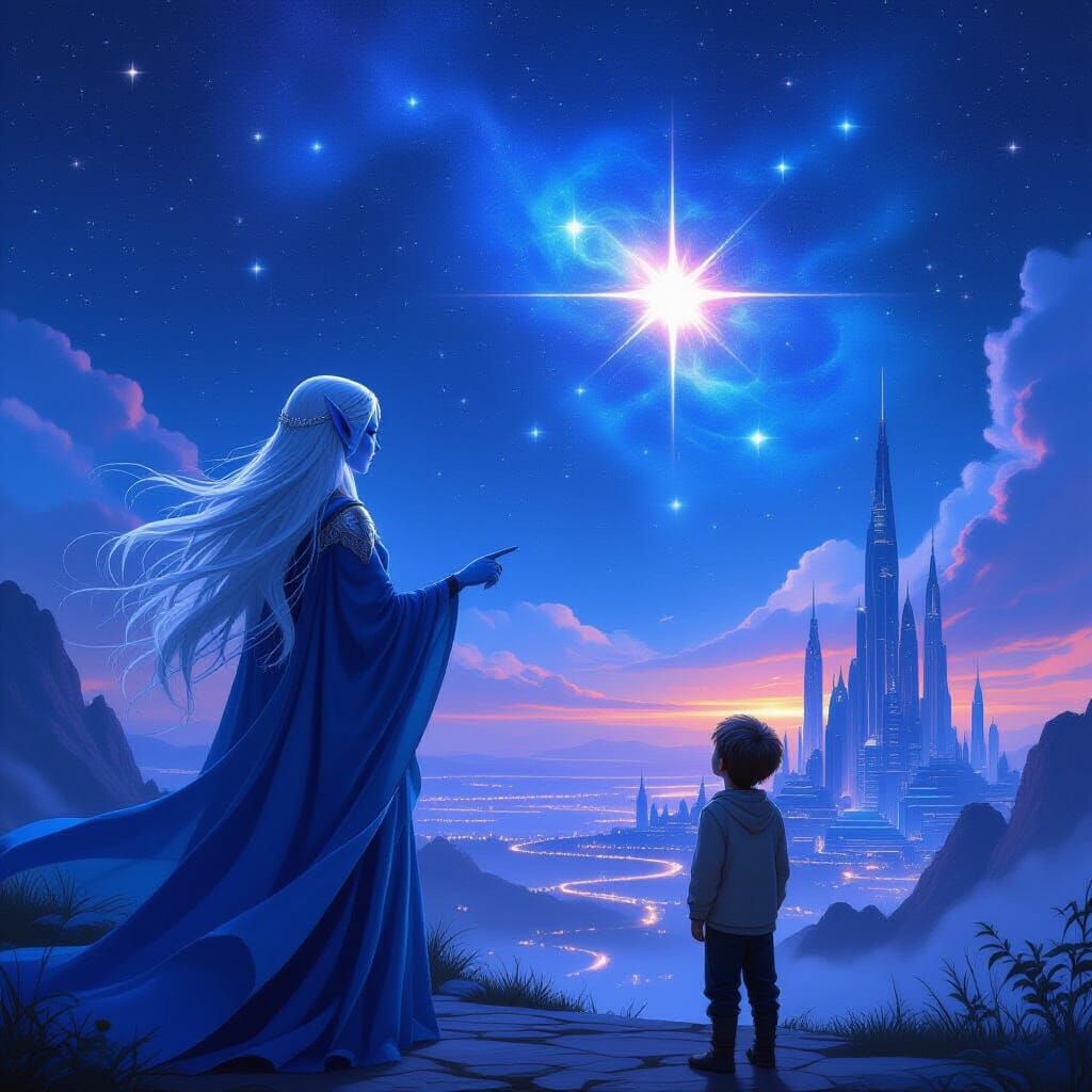 Elvish Being Shows Boy Glowing Star System Over Futuristic C...