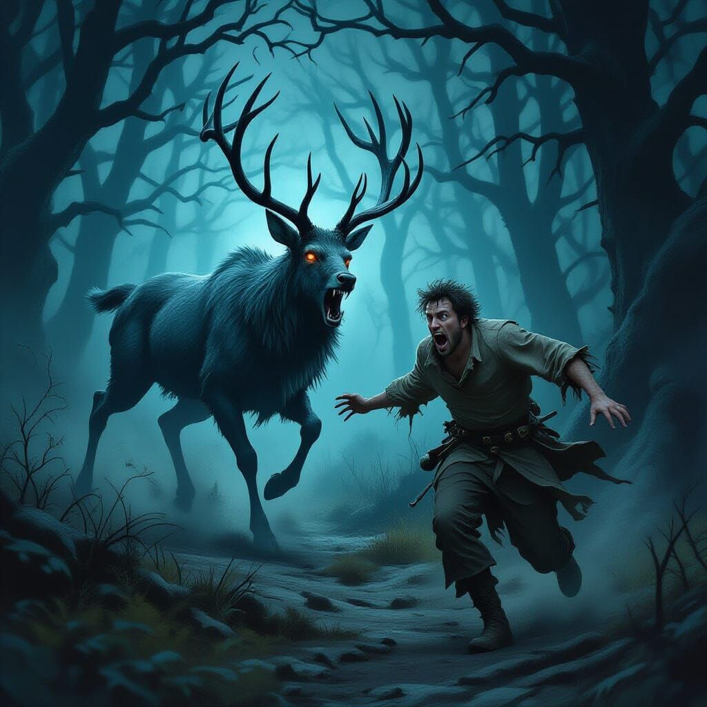 Man Fleeing Deer Monster in Dark Forest