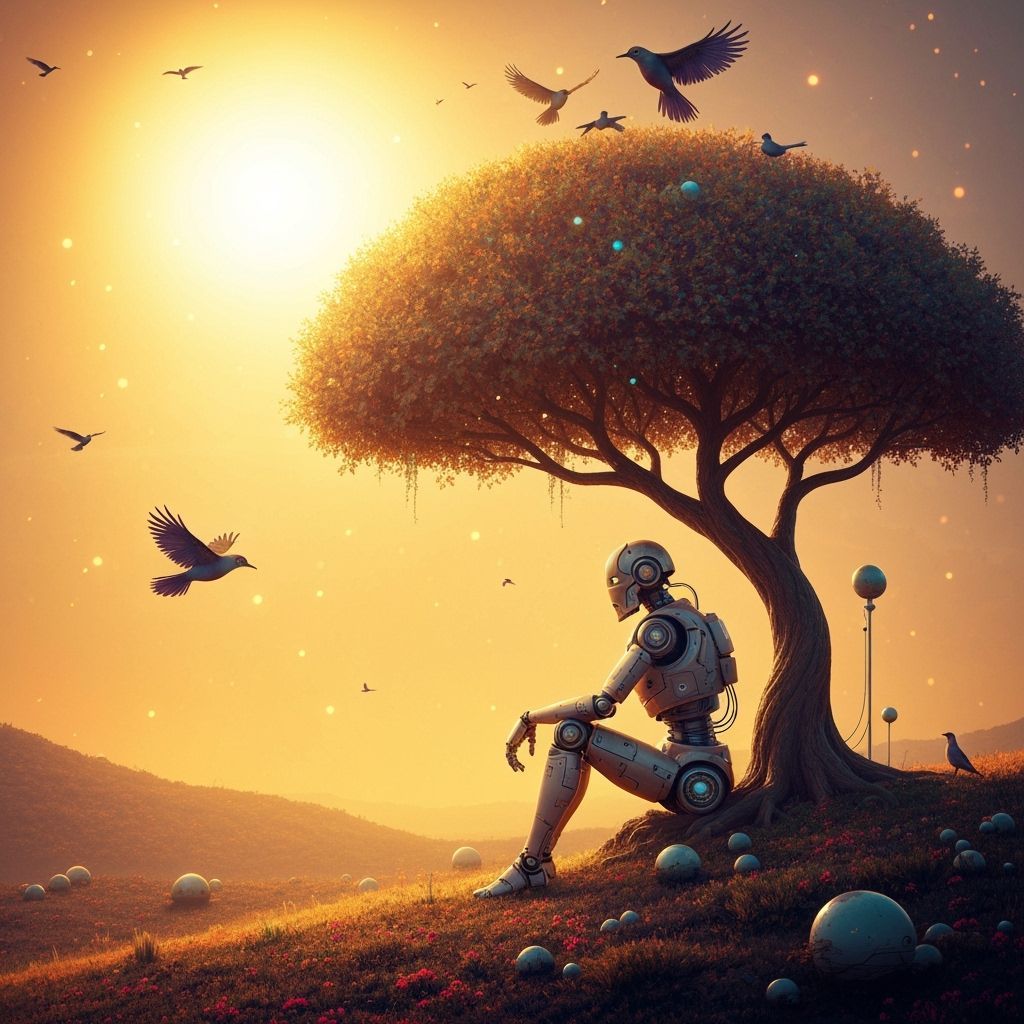 Robot and Birds Under Tree in Golden Light