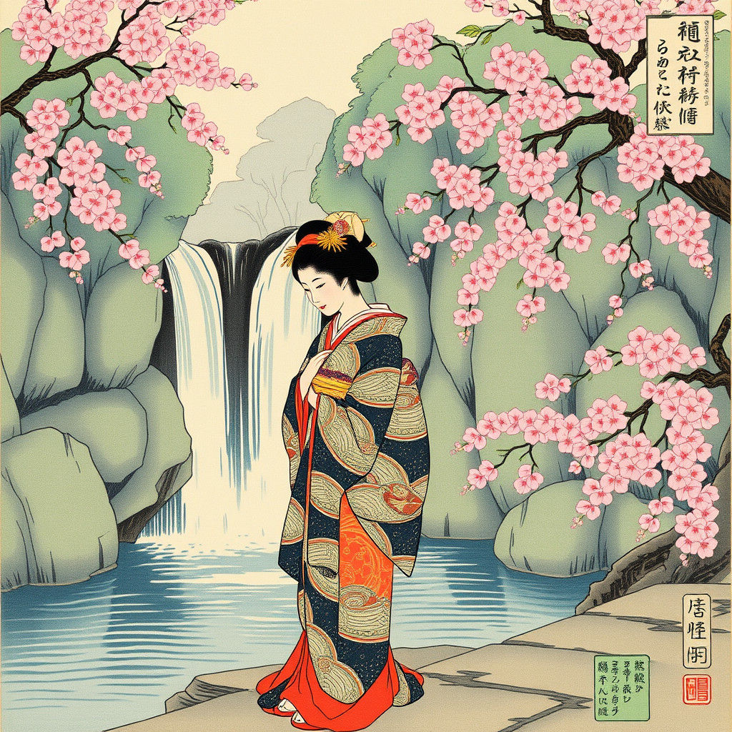 Geisha by Waterfall in Ukiyo-e Style