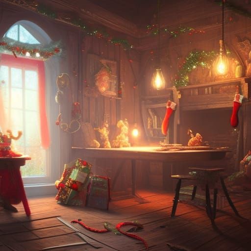Santa's Workshop at Night in 3D Illustration