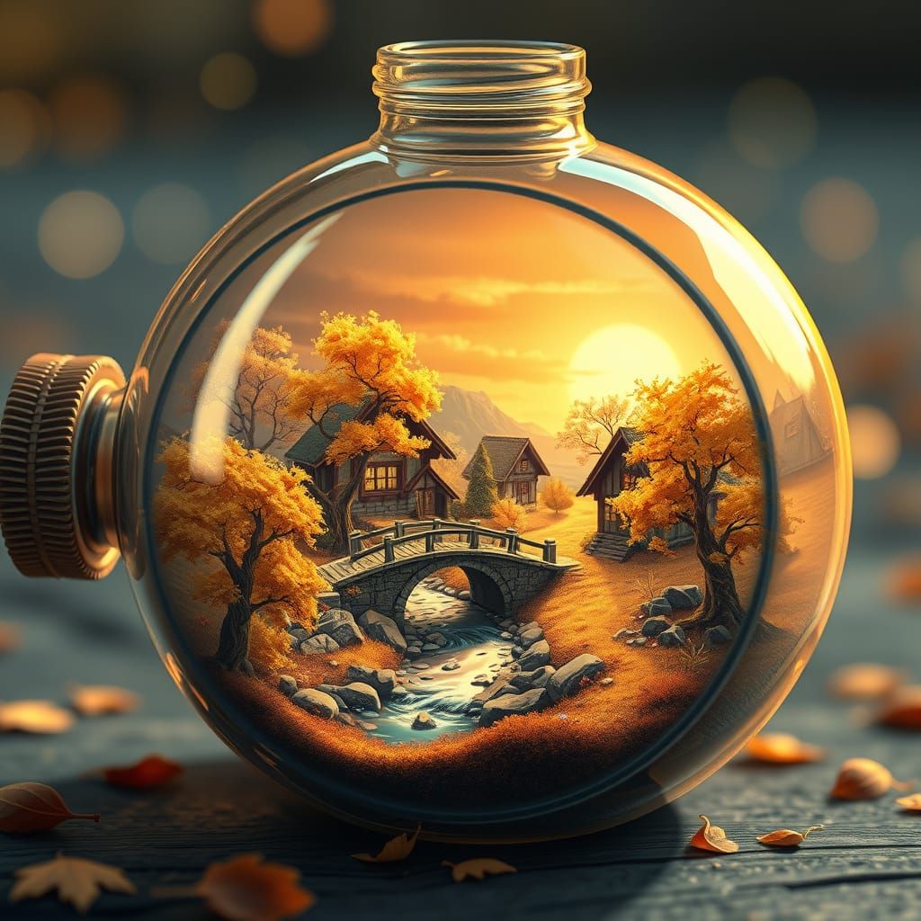 Miniature Autumn Village Inside a Glass Bottle