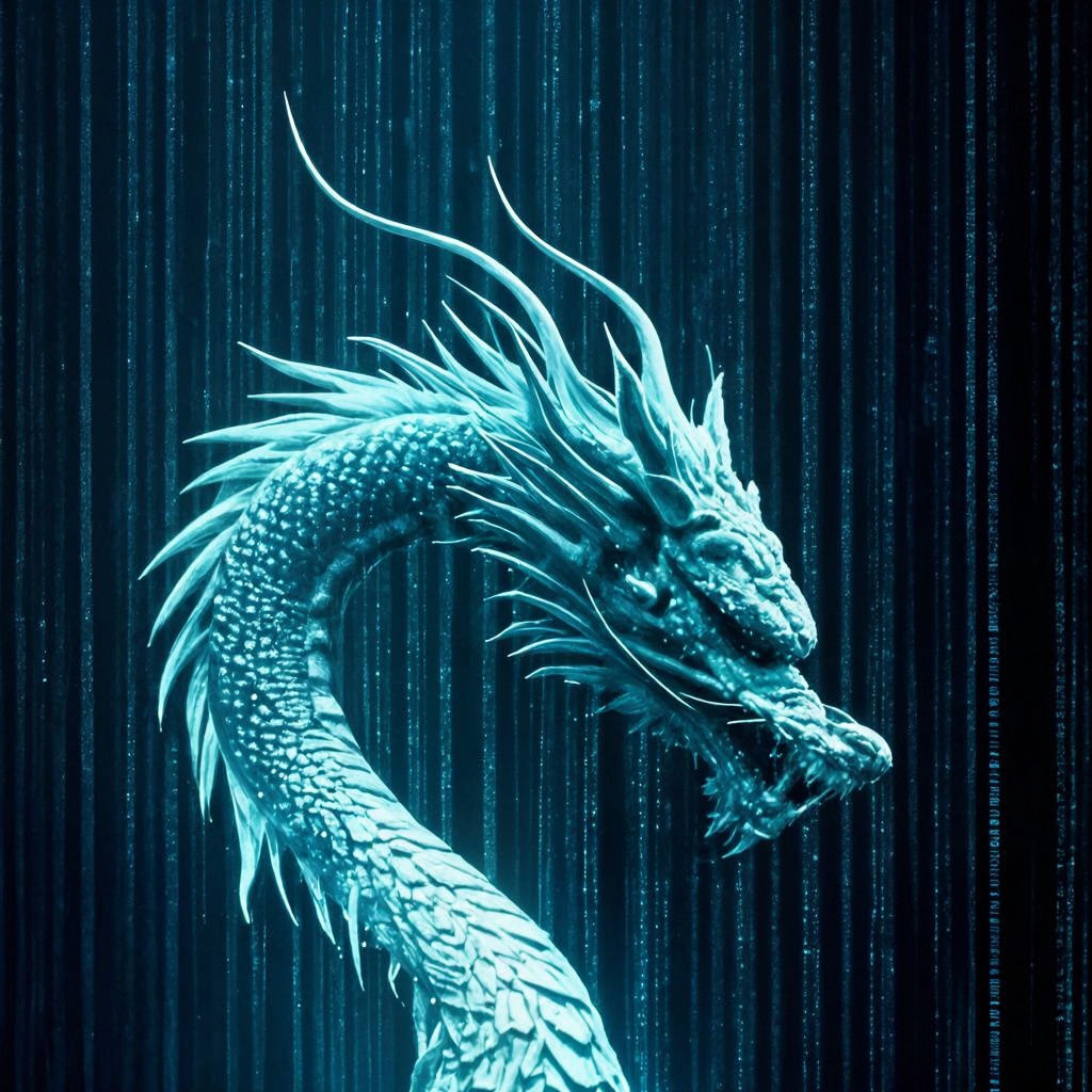 Surreal raining binary code, Matrix style. Swirling Oriental...