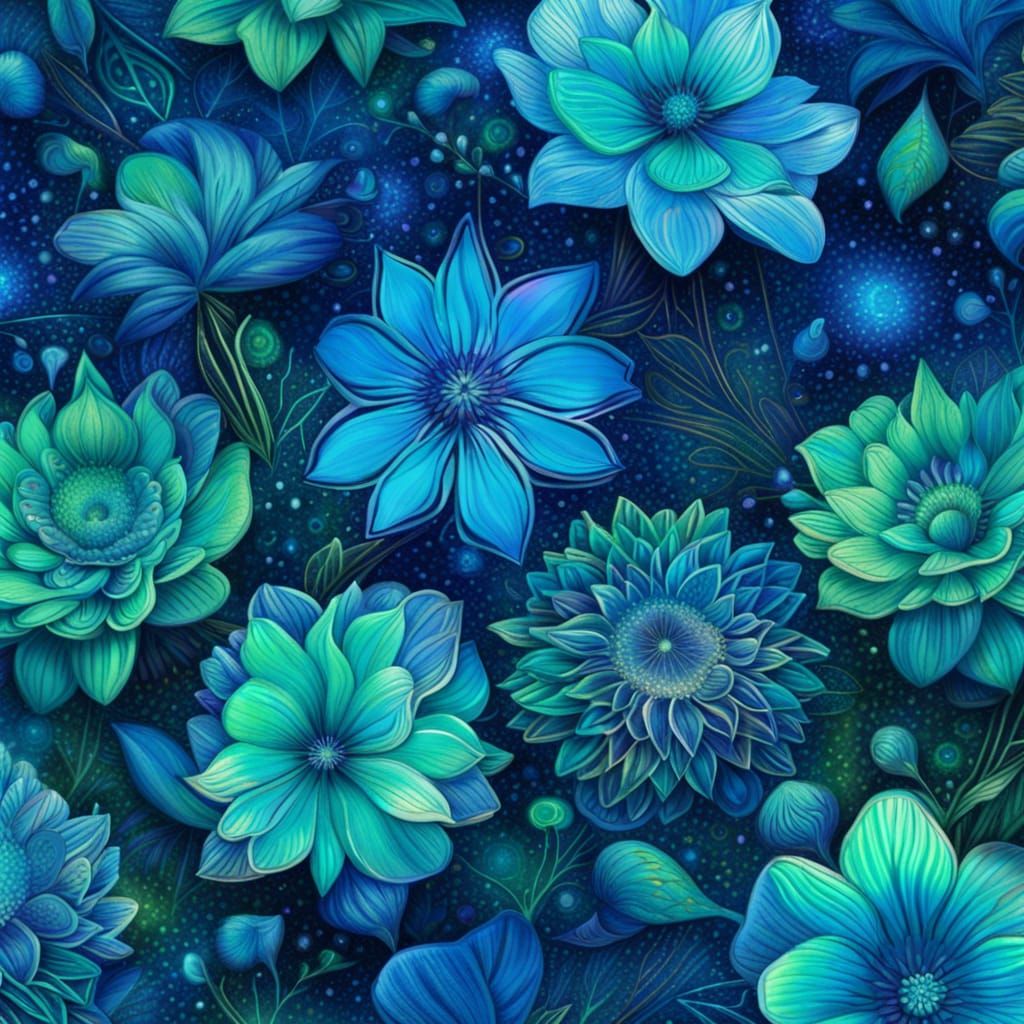 Realistic Blue and Green Floral Pattern in Mixed Media