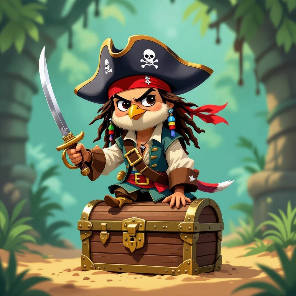 Sparrow Pirate on Treasure Chest in Animated Style