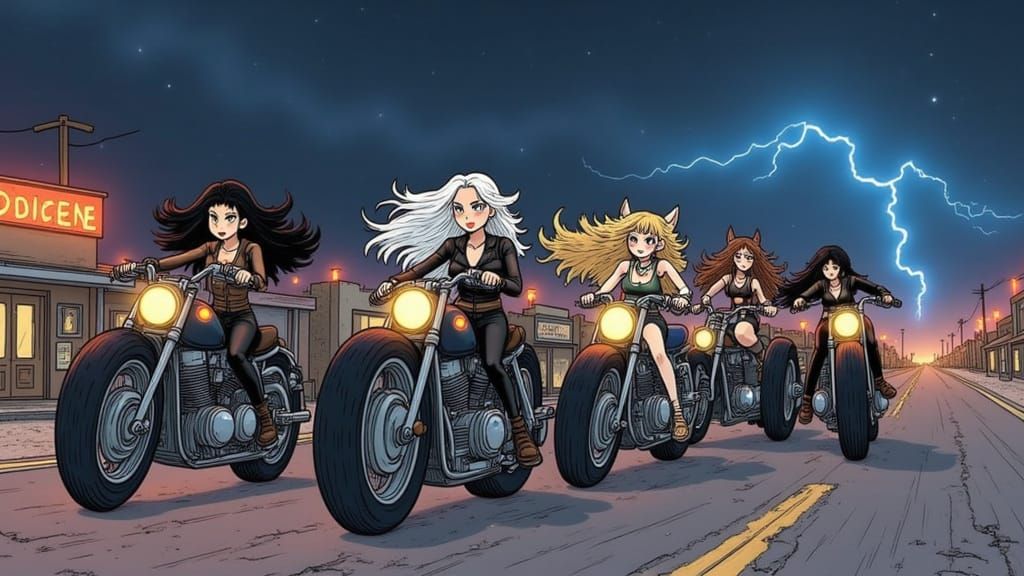 Girl Band Motorcycle Ride on Desert Highway in Cyberpunk Sty...