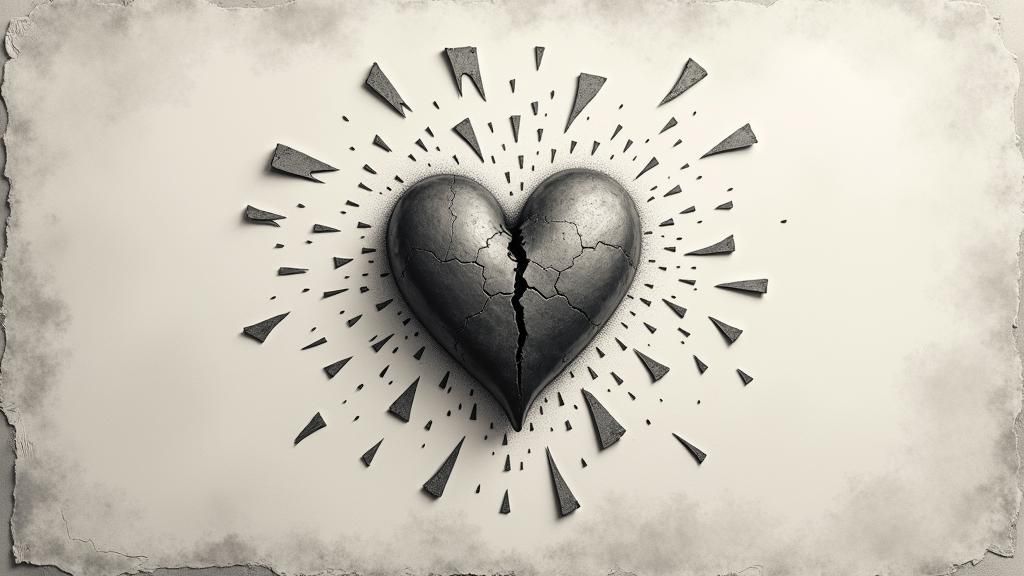 Shattered Heart on Parchment in Grayscale
