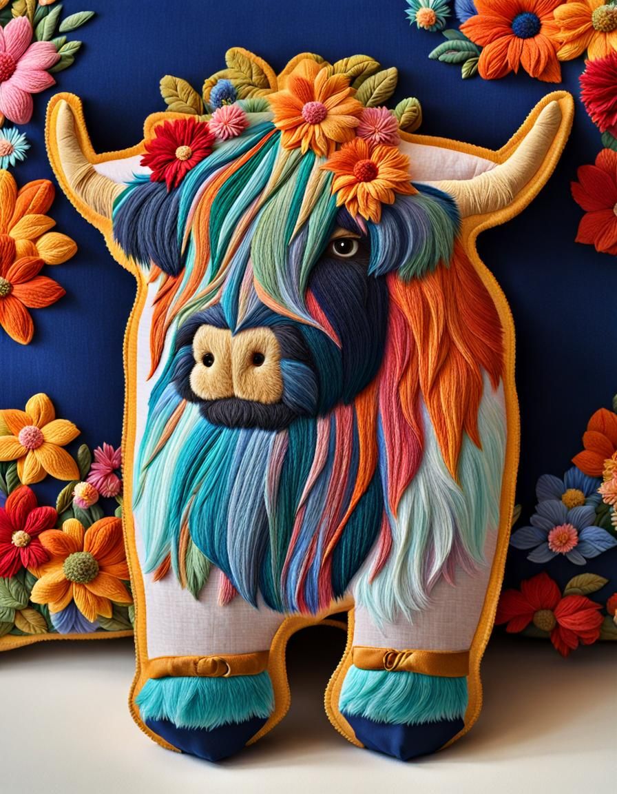Colourful Highland Cow Embroidery on Fabric