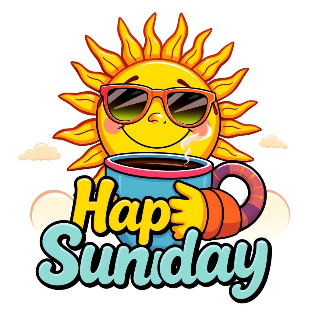 Cheerful Sun Sips Coffee in a Whimsical Cartoon Landscape