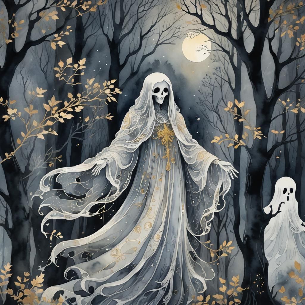 Ethereal Ghost in Misty Forest with Gold Accents