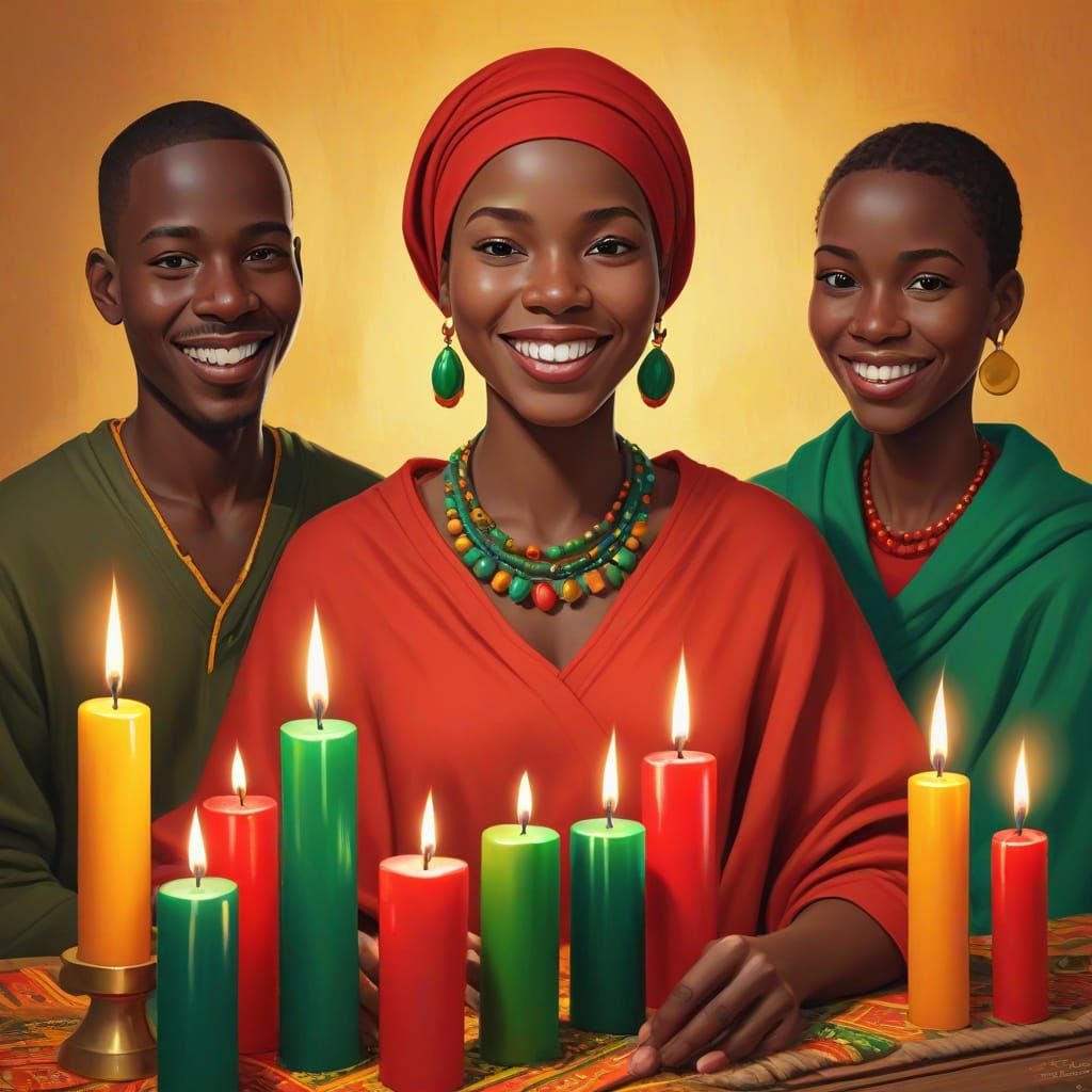 Vibrant Kwanzaa Kinara Lit with Red, Black, Green Candles