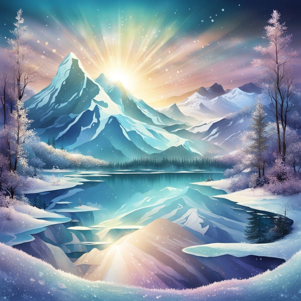 Mystical Mountainscape in Shimmering Nacre Style