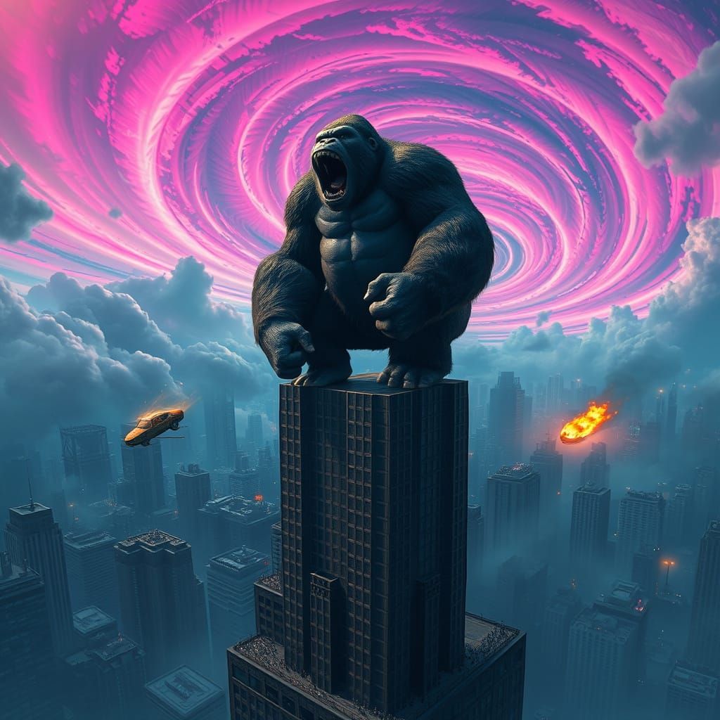 Epic Fantasy Concept Art: King Kong on Skyscraper amidst Swi...