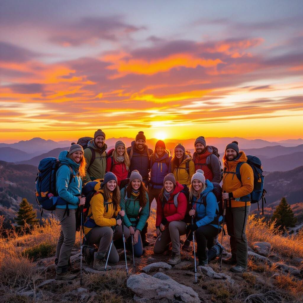 Friends Celebrate Sunset Hike, Golden Hour Landscape