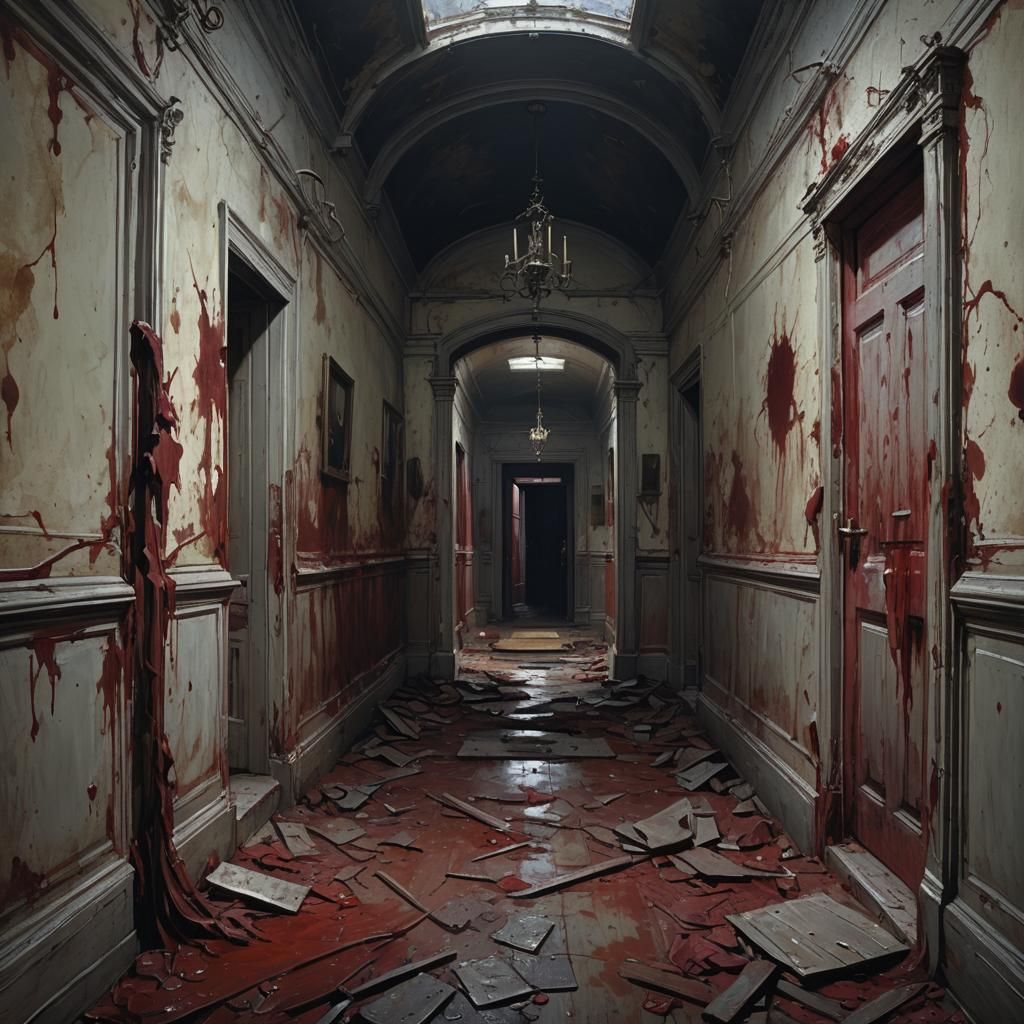 Abandoned Asylum with Crimson Walls in Sinister Horror Style