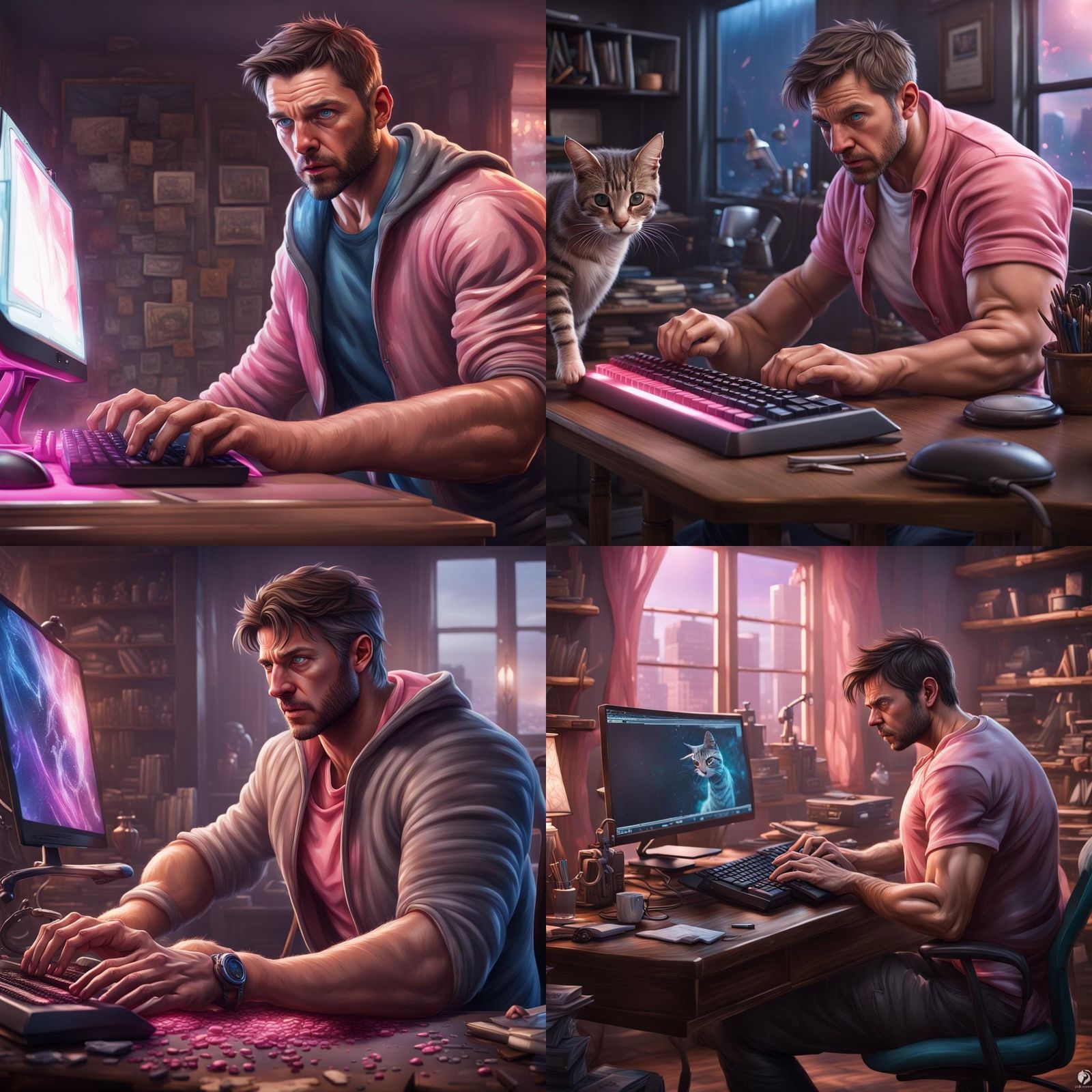 Caucasian Man Typing with Tabby Cat, Detailed Matte Painting