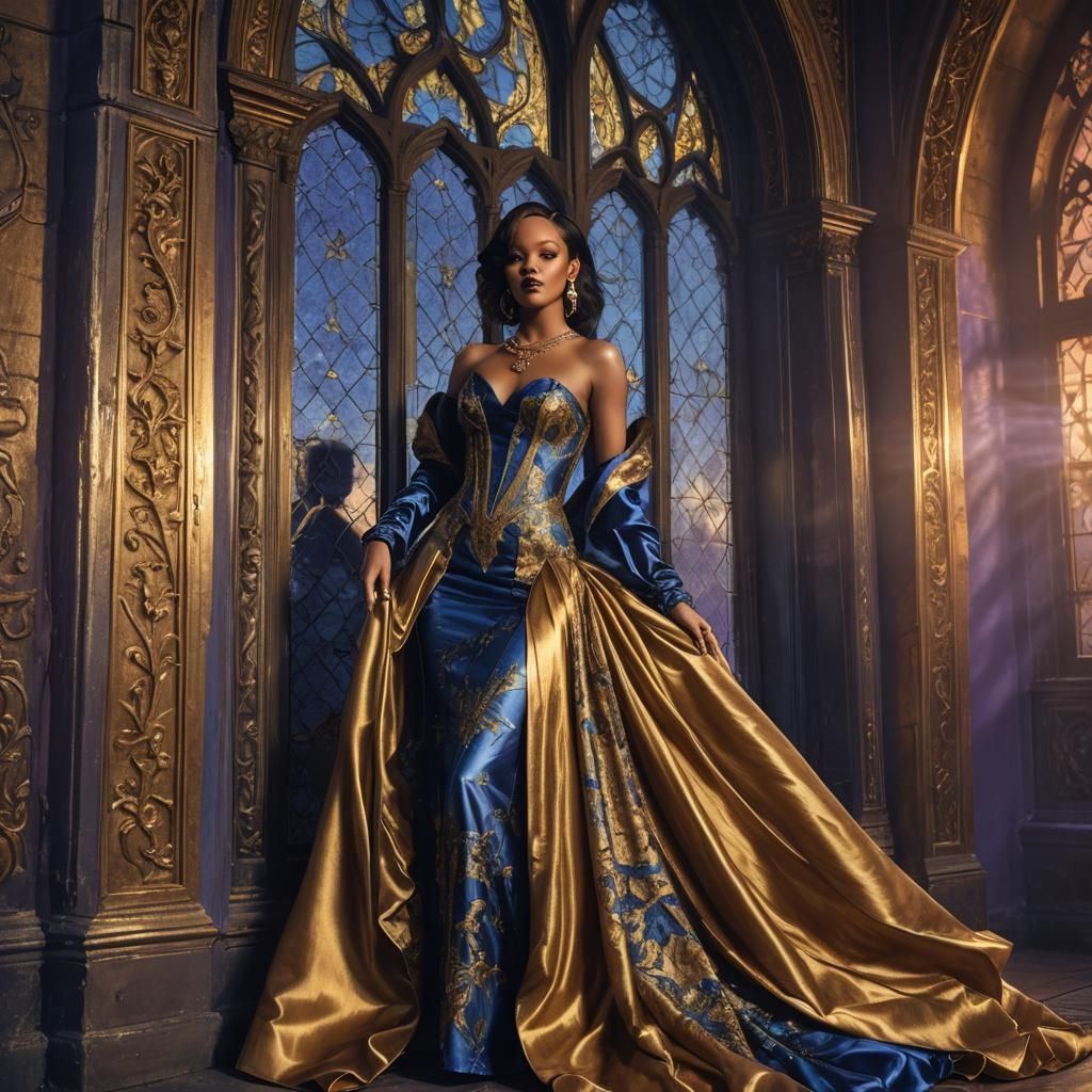 Rihanna in Gold and Blue Gown, Fantasy Art