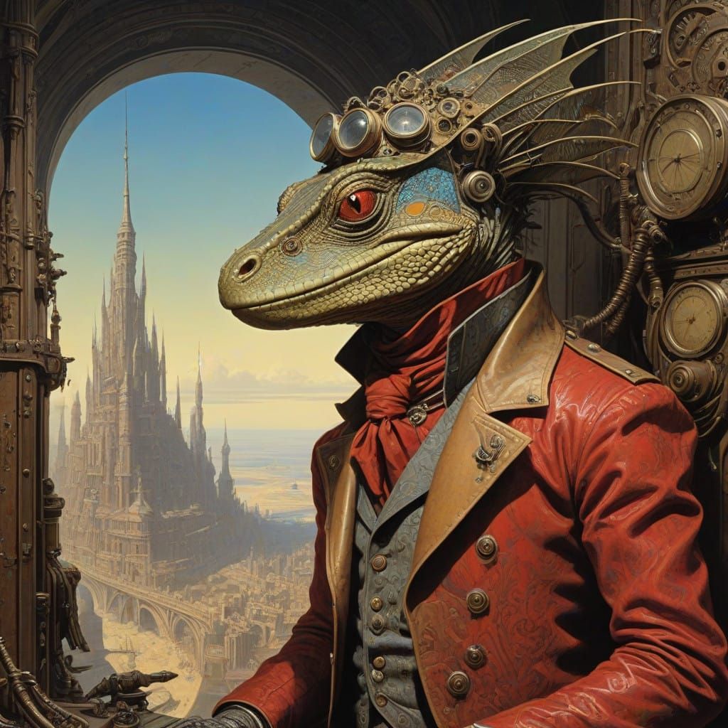 Lizardman in Vintage Sci-Fi Attire