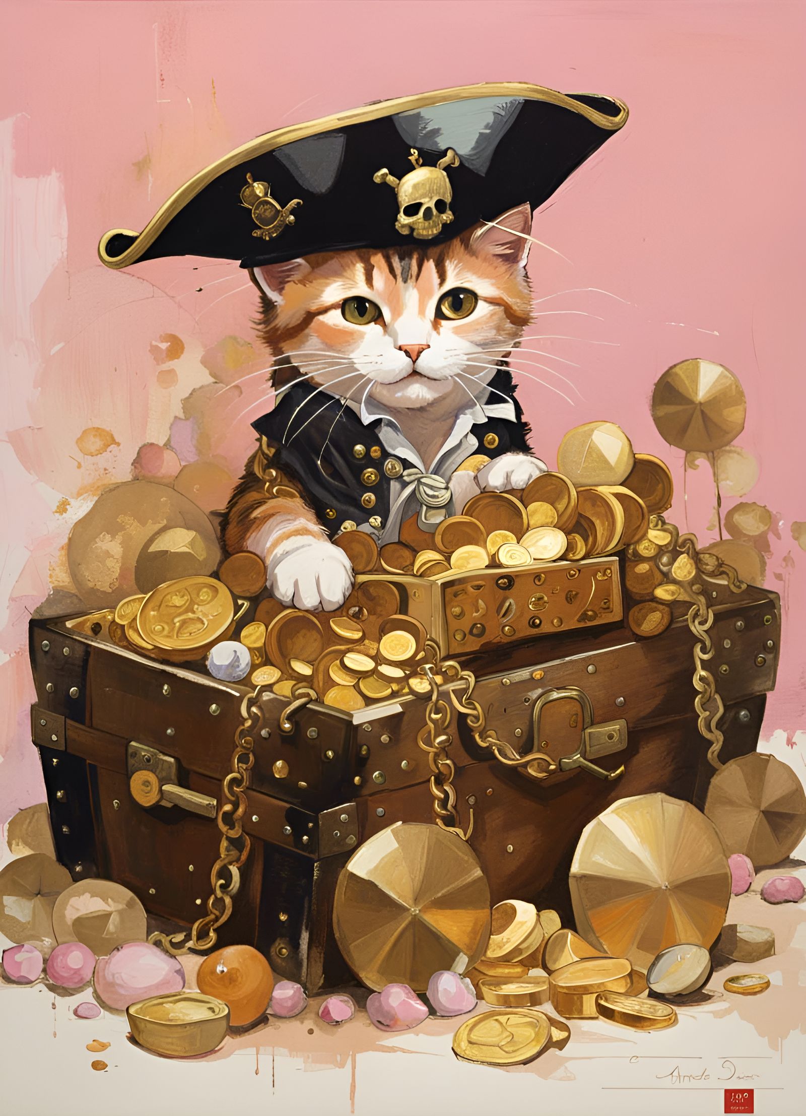 Pirate Cat Guarding Gold Treasure: Classic Portraiture