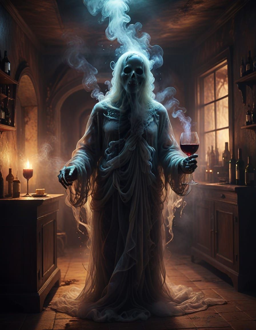 Ethereal Phantom Sips Wine in Haunted Mansion