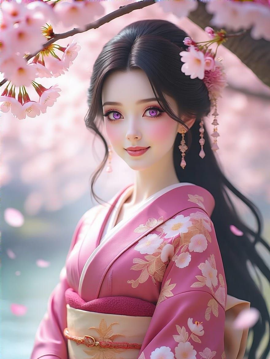 Japanese Princess Under Cherry Blossom Tree in Whimsical Fan...