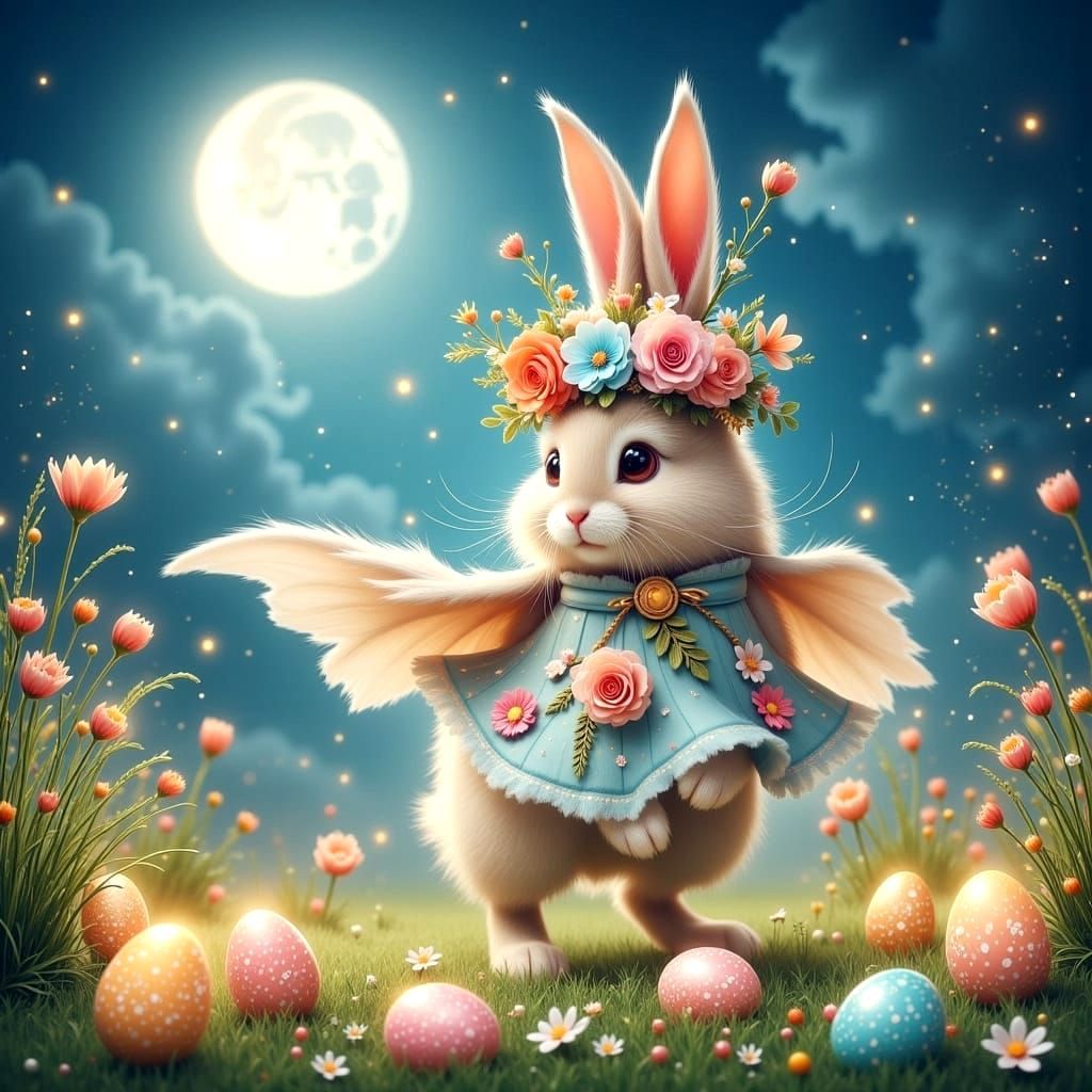 Whimsical Easter Bunny with Glowing Eggs and Magical Powers