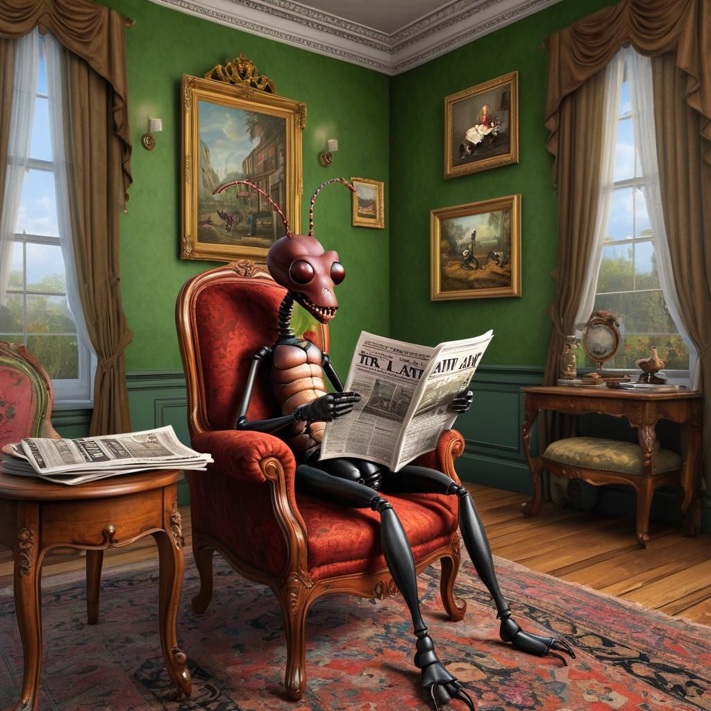 Surreal Victorian Ant Reading Newspaper