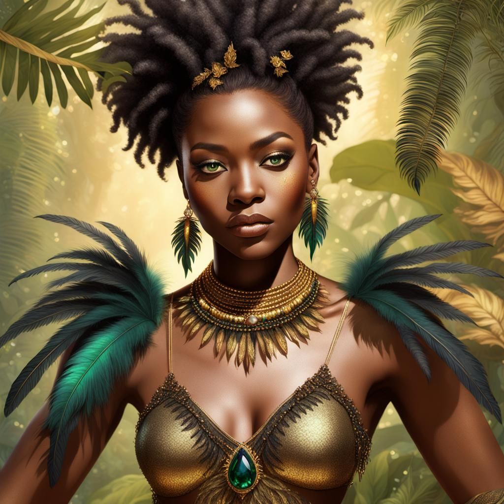 Regal Black Goddess in Vibrant Jungle Realm
