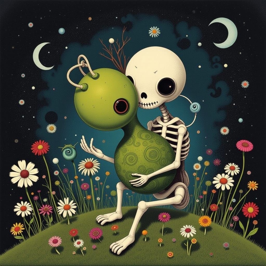 Surreal Skeleton Woman Hugs Cute Creature