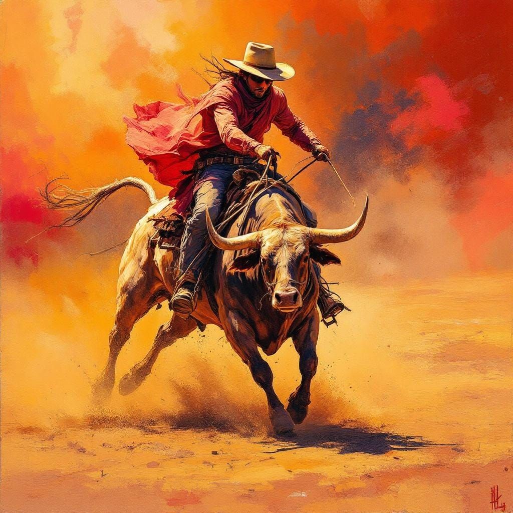 Cowboy Rides Bull: Expressive Sunset Arena Art