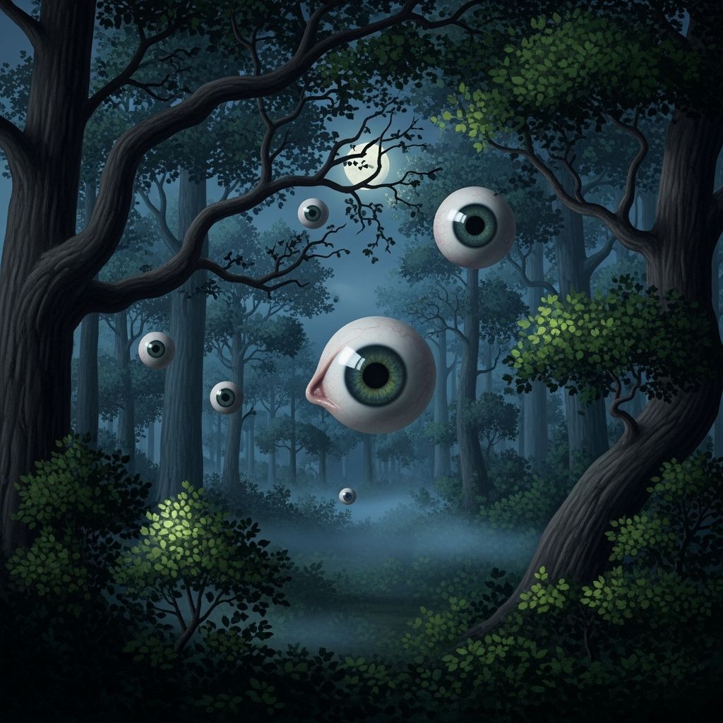 Surreal Forest with Floating Eyes, Moody Night