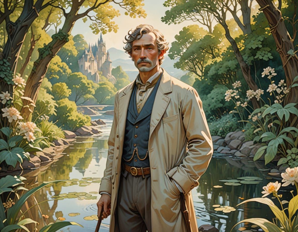 Art Nouveau Masterpiece: Elegant Gentleman in Lush Park