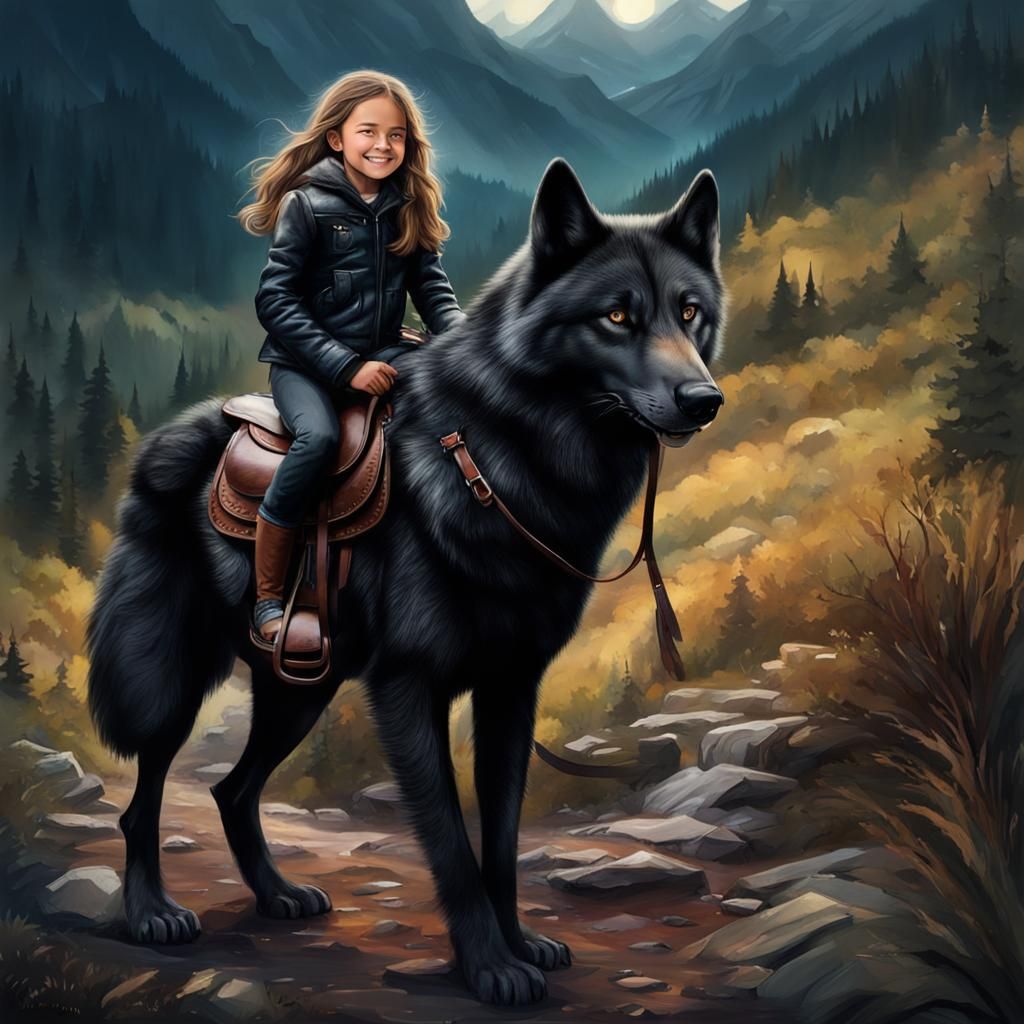 Girl Rides Wolf in Mountain Landscape