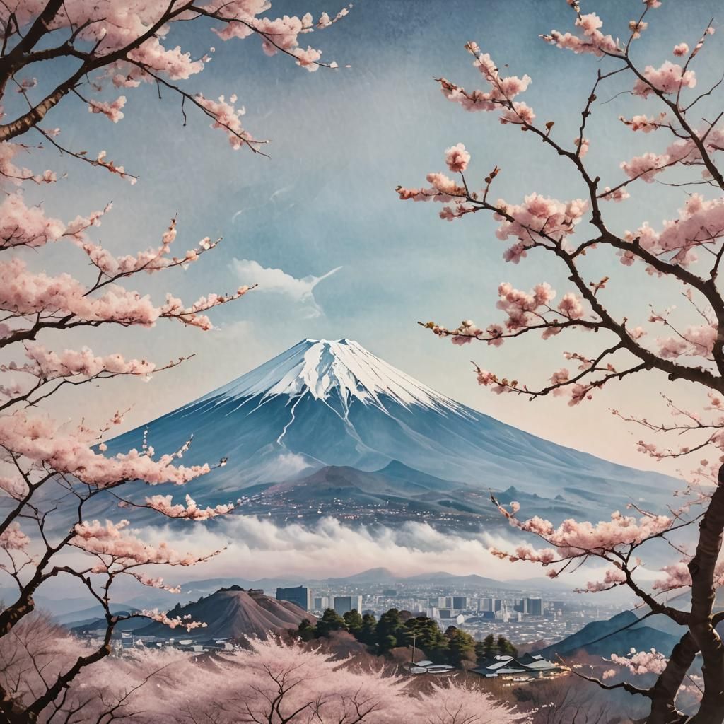 Mount Fuji Cherry Blossoms in Double Exposure Collage