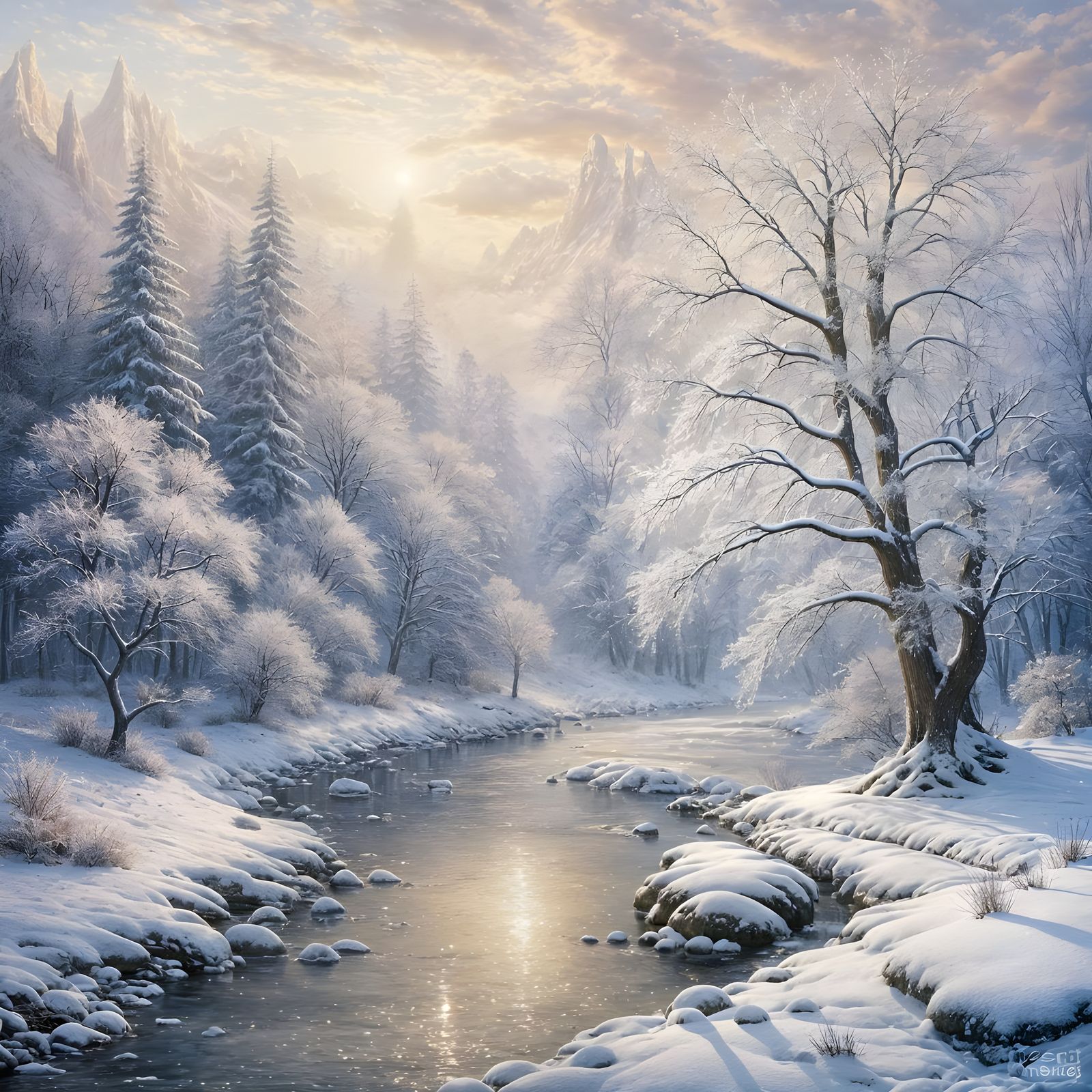 Winter Wonderland River Scene in Crystal and Snow