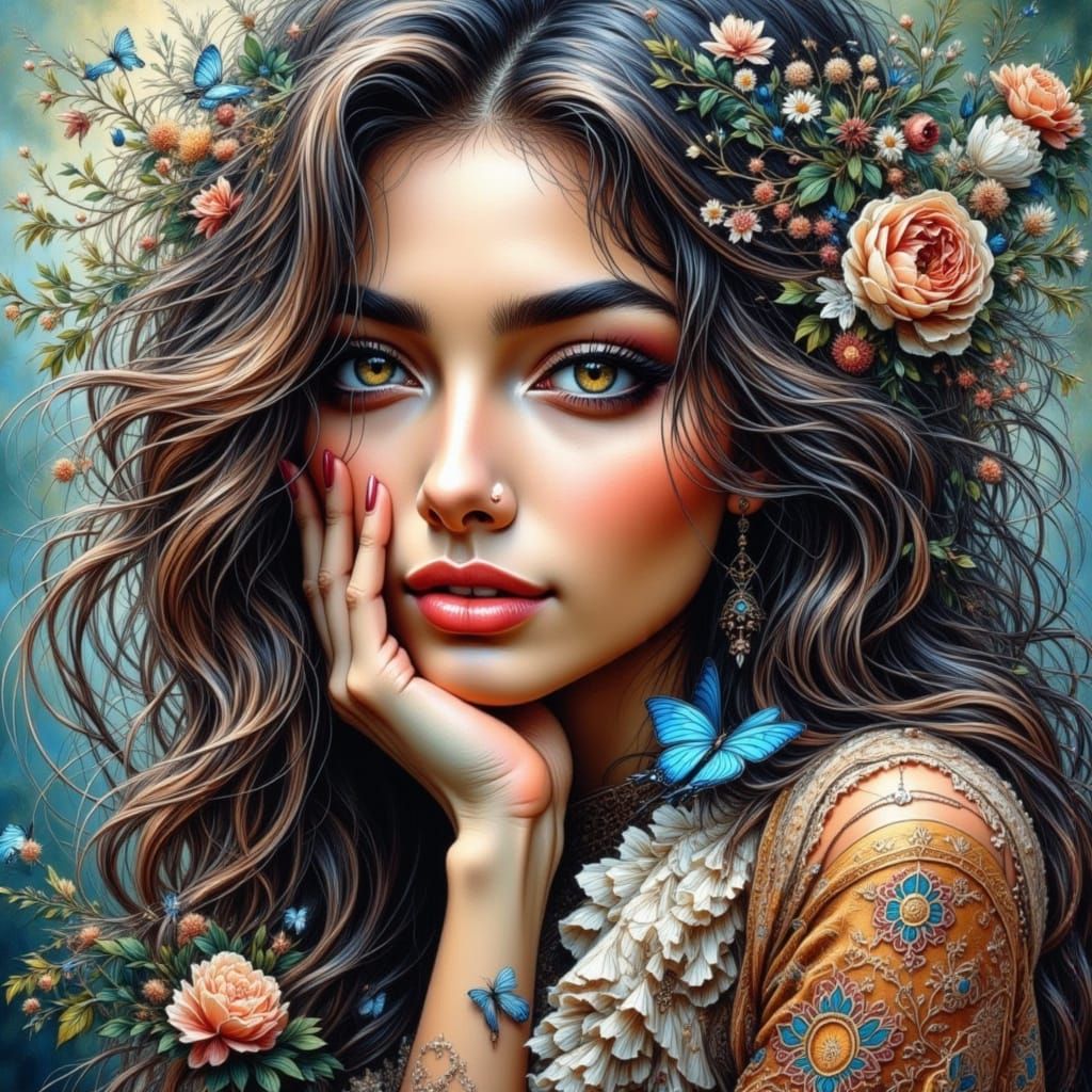 Airy Girl in Botanical Splendor with Gold Accents