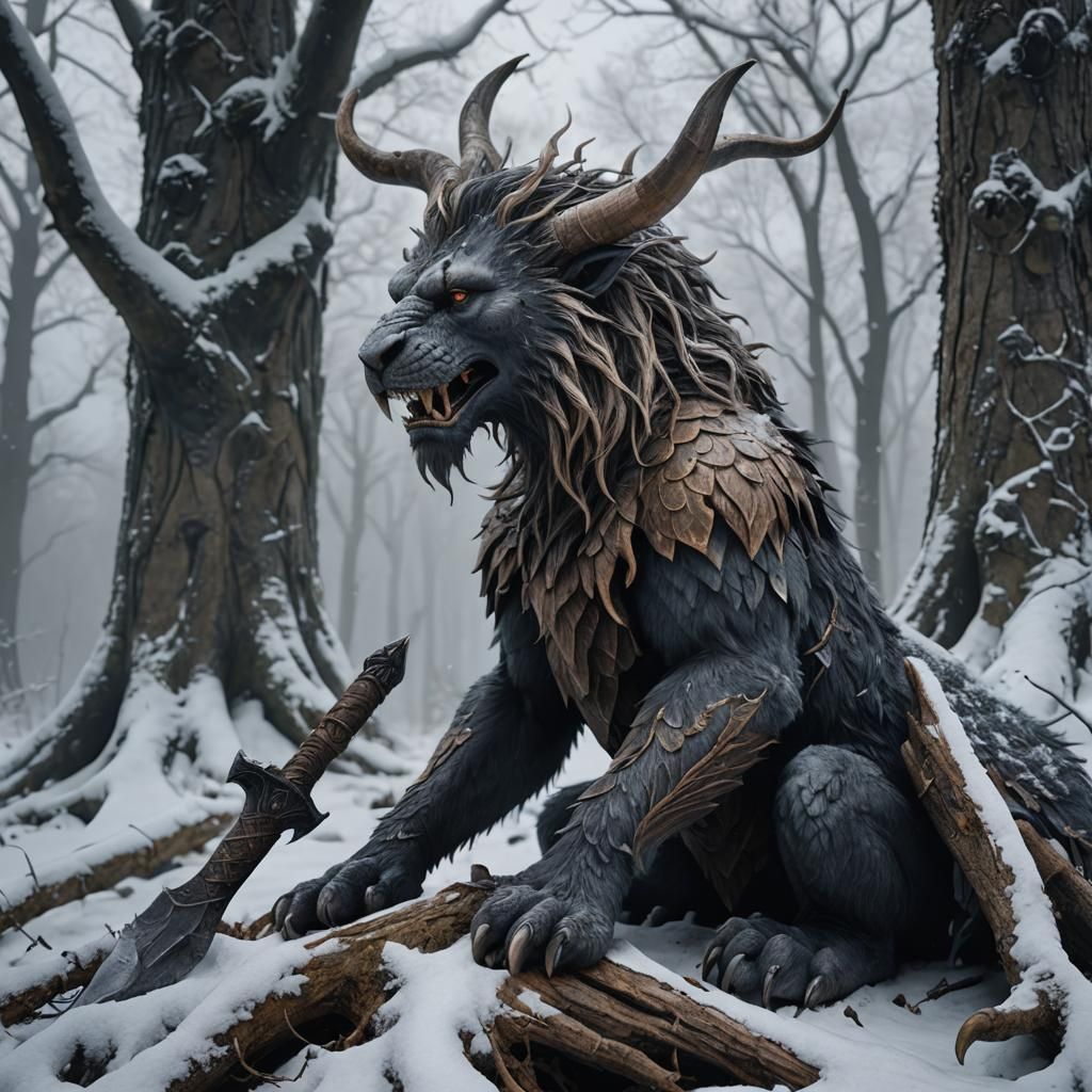 Manticore Battle Axe in Misty Winter Forest