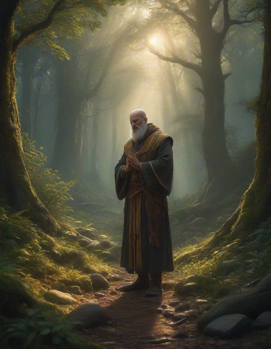 Medieval Monk in Ancient Woods, Fantasy Landscape