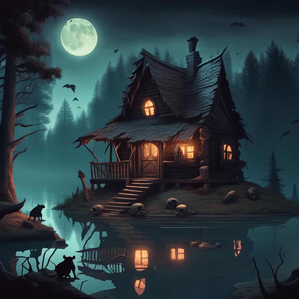 Creepy Cabin Surrounded by Orcs in Moonlight