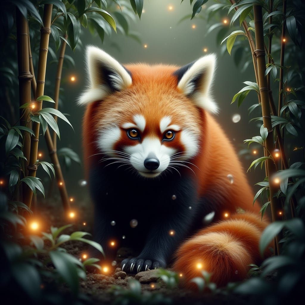 Hyper-Realistic Fire Fox Red Panda in Bamboo Forest