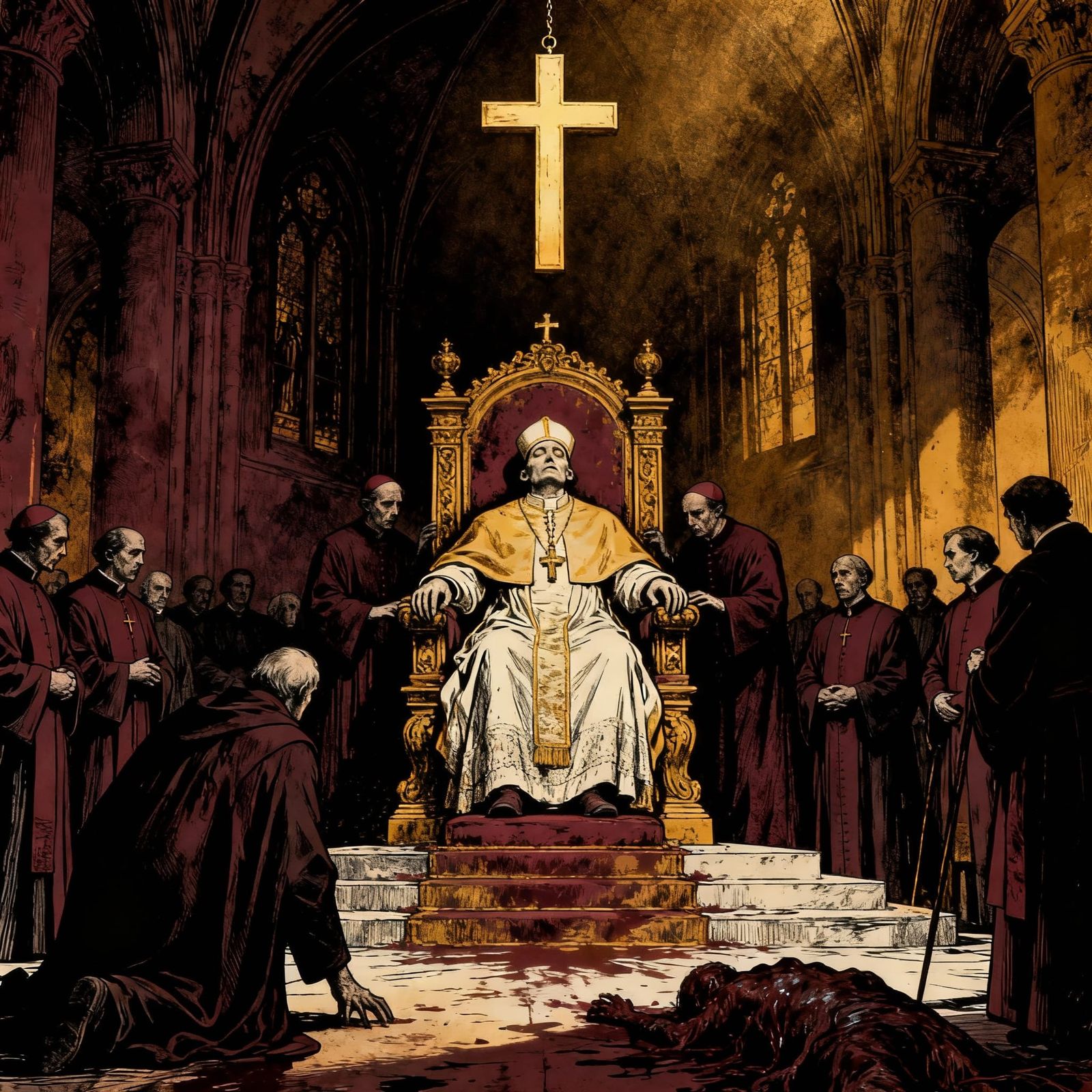 Deceased Pope on Throne, Critics & Priests Trial in Church
