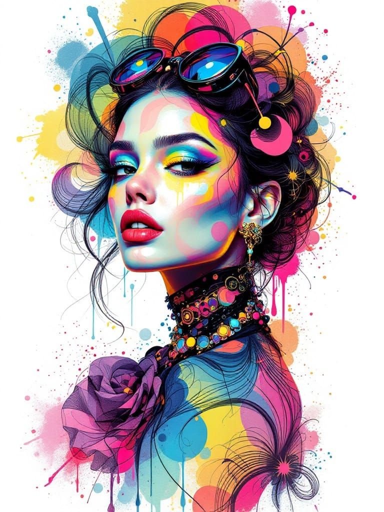 Vibrant Abstract Artwork: Fashionable Woman in Psychedelic S...