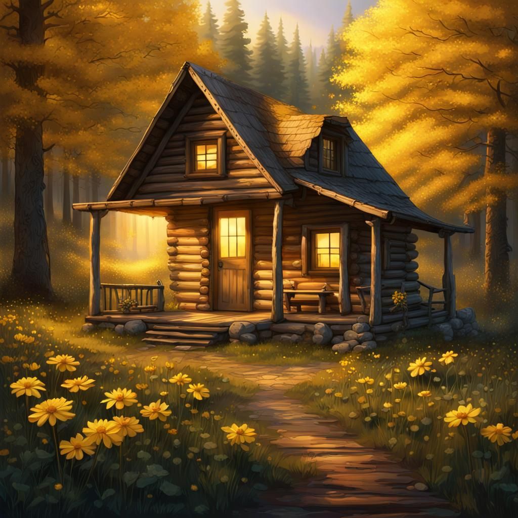Sunrise Over Rustic Cabin with Yellow Flowers