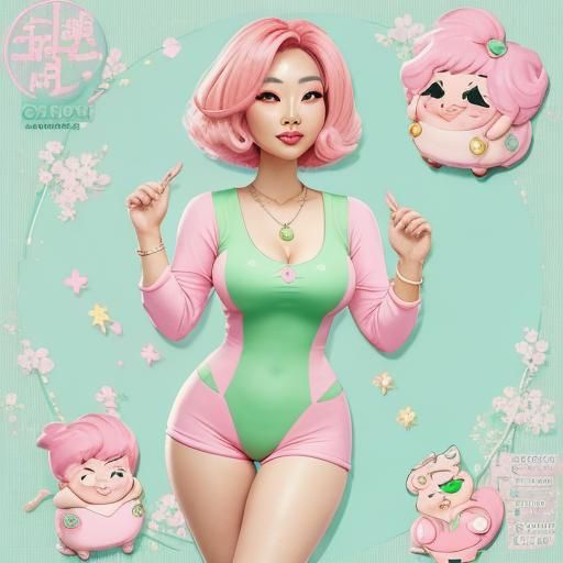 Pastel Pink Cartoon Curvy Cutie in Green Gem Necklace