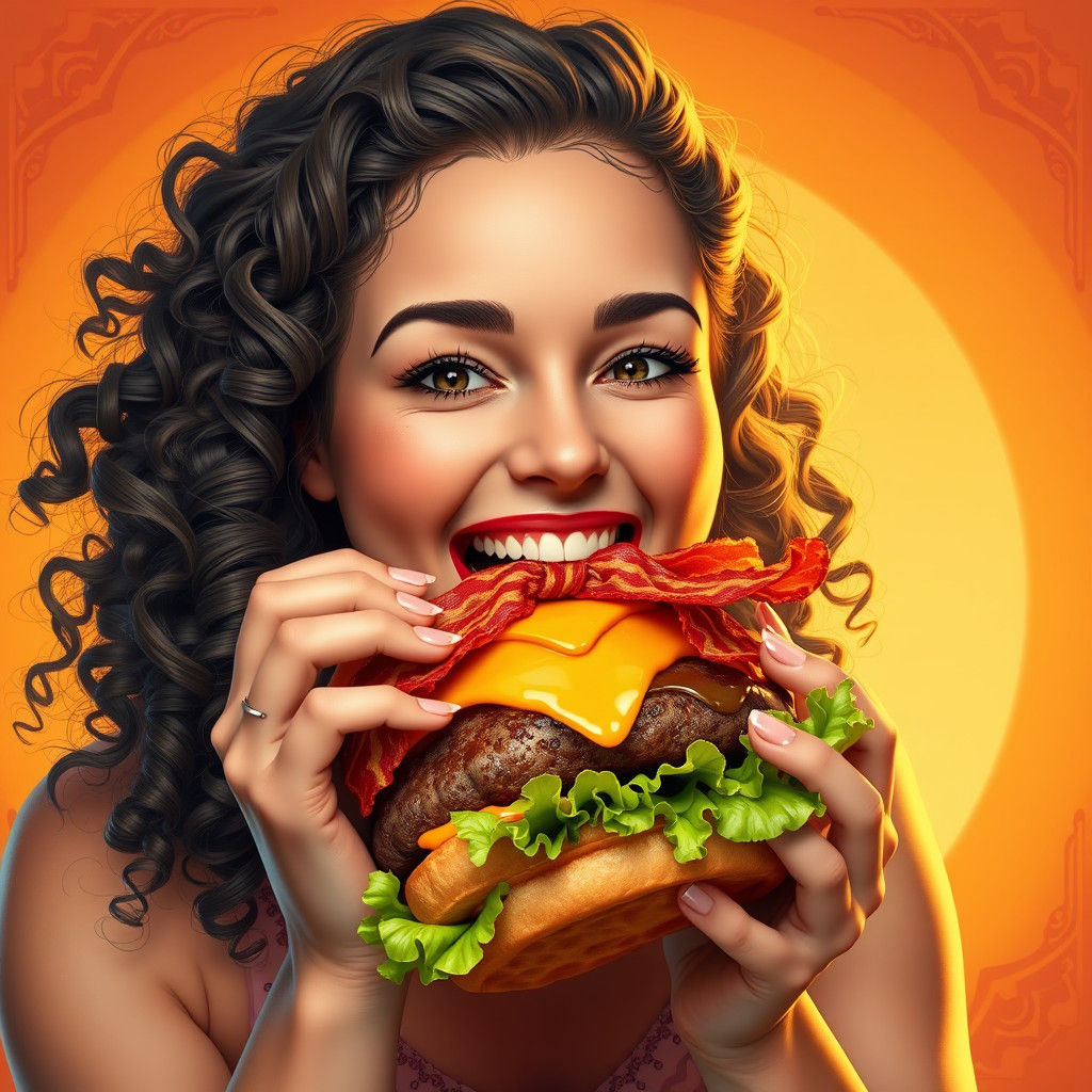 Woman Enjoys Hamburger in Art Nouveau Style