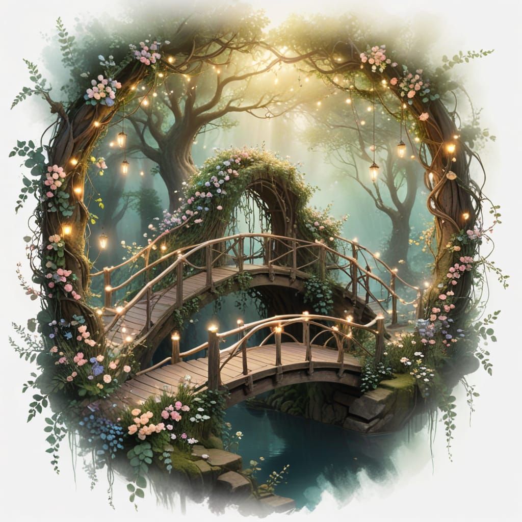 Whimsical Wooden Bridge in Enchanted Forest