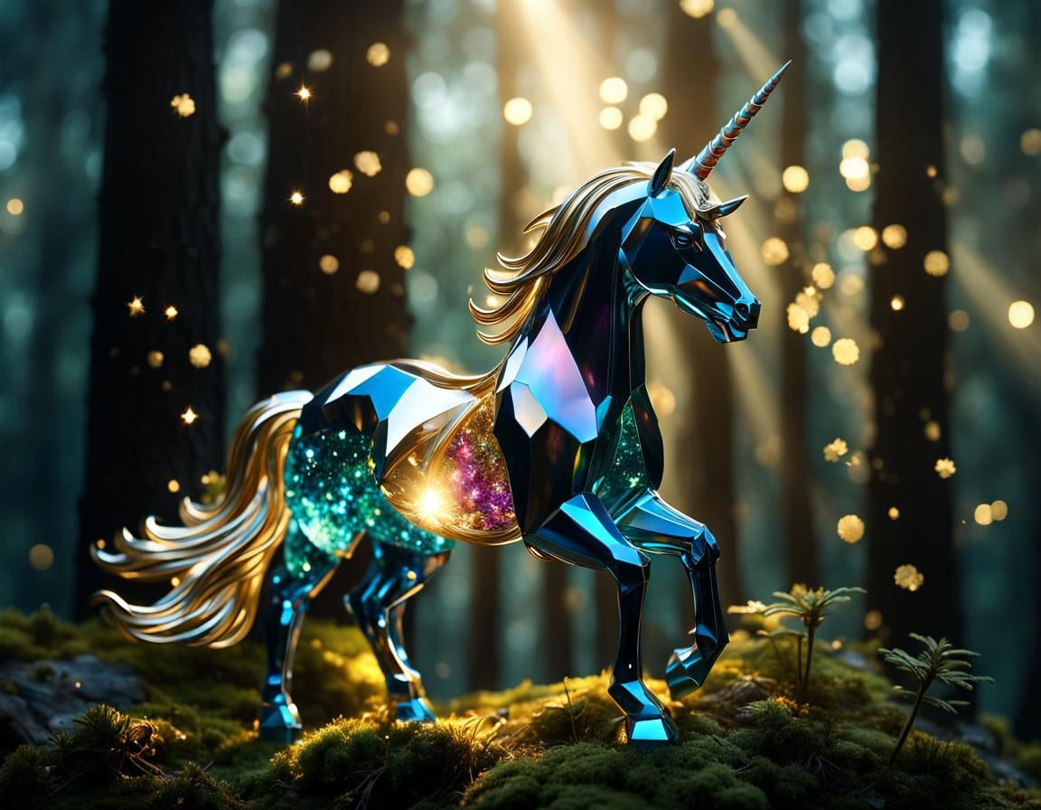 Stained Crystal Unicorn Figurine in Magical Forest
